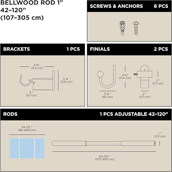 Umbra Bellwood Curtain Rod for Window Drapery, Adjustable Length 42" to 120", Set Includes Finials and Mounting Hardware, Black
