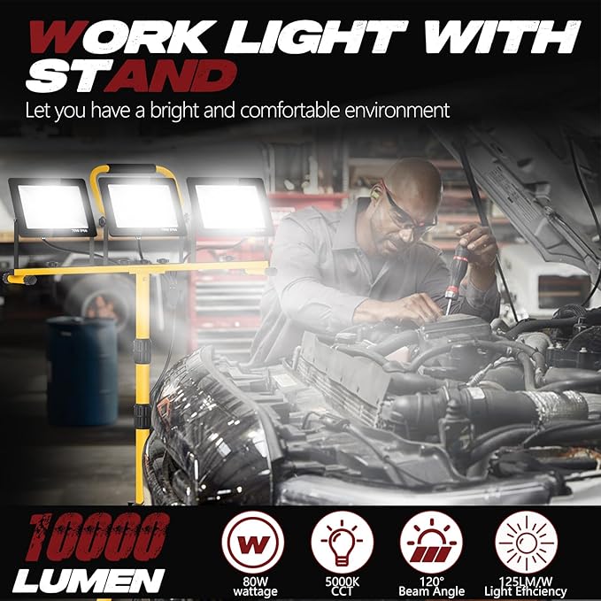 22000 Lumen Work Lights with Stand, 3 Adjustable Head LED Work Light, with Adjustable and Foldable Tripod Stand, Waterproof Lamp with Individual Switch with 6500 Kelvin Color （3head Yellow）