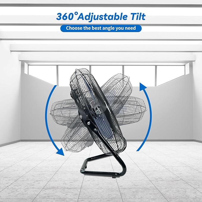 TEMPWARE 20 Inch High Velocity Industrial Floor Fan, 3-Speed Heavy Duty Metal Cradle Floor Fans with 360° Tilt for Warehouse, Workshop, Garage, Factory and Basement, Black & Blue