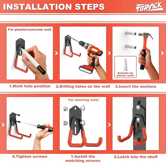 TORACK 15 PCS Garage Storage System Hooks, Shelving Hooks for Keyhole Shelving Units Wall Mount Utility Hooks for Tools, Ladders, Cords, Folding Chairs, Shovels and Rakes(Orange)