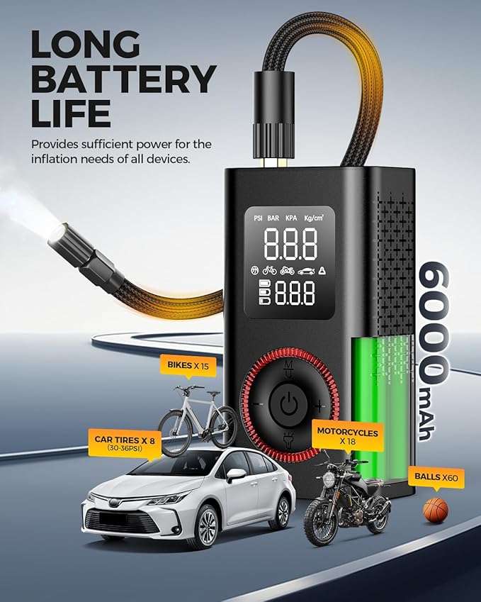 Tire Inflator Portable Air Compressor with Type-C Charging, Digital Pressure Gauge, LED Light, Smart Air Pump for Car, Motorcycle, Bike, Ball