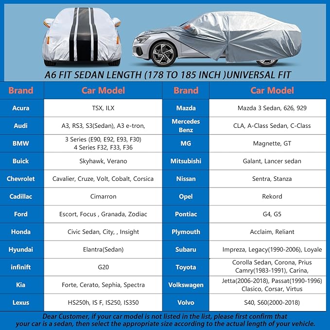 10-Layer Sedan Car Cover Waterproof All Weather. for Civic, Corolla, Hyundai Elantra, Impreza/WRX,Nissan Sentra, Kia Forte etc. Size A6(Length 178 to 185 inch)