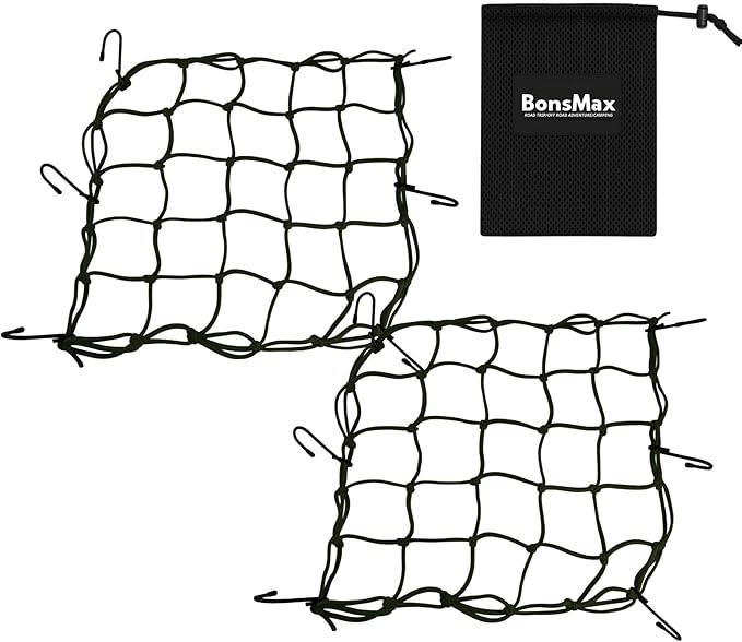 2 Pack Small Cargo Net for Motorcycle, Bike, ATV, UTV, 15"x15" Elastic Bungee Mesh Net with Hooks, Secure Gears, Helmet, Luggage, Stretch up to 30"x30"
