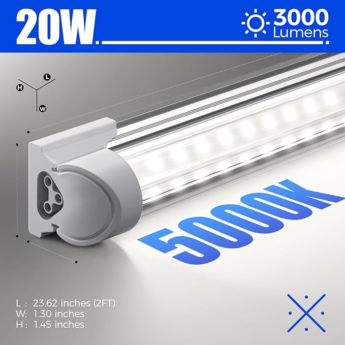 Barrina 5000K 2FT LED Shop Light, 3000LM, 20W, T8 Shop Lights for Garage, Workbench, Cabinet, Workshop, Room, LED Tube Lights, Linkable Ceiling Light Fixture with Built-in ON/Off Switch, ETL, 4 Packs