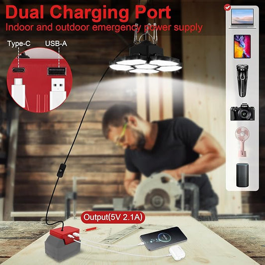 Cordless LED Work Light Compatible with Milwaukee 18V Battery, 65W 6500LM Flood and Ceiling Pendant Light with USB & Type-C Charging Port, 5+1 Deformable Panels for Garage, Fishing, Job Site, Camping