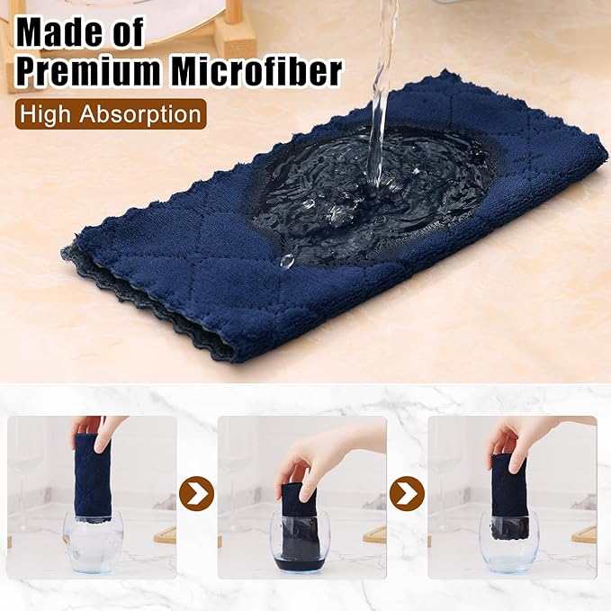 Mordimy 12 Pack Kitchen Cloths Dish Towels (10" x 10", Dark Grey & Navy Blue), Super Soft and Absorbent Dish Cloths, Coral Velvet Microfiber Cleaning Cloth, Nonstick Oil Fast Dry Dishcloths