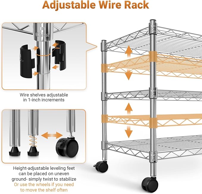 YSSOA 3-Tier Heavy Duty Storage Shelves 750Lb Capacity, 24.02" D x 13.78" W x 21.97" H Shelving Unit for Pantry, Garage, Laundry and Kitchen, Chrome