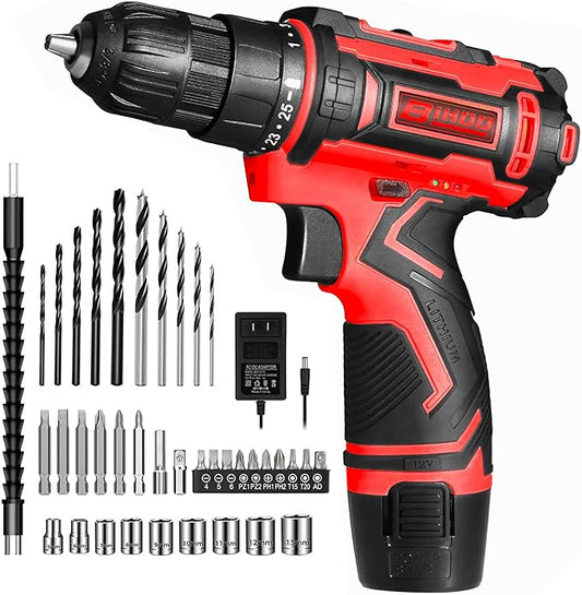 12V Cordless Drill Driver Set, 43pcs Home Tool Kit with 2-Speed & 25+1 Torque, LED Light, Fast Charger, Battery Included for DIY, Wood Metal Plastic, Gift for Men Women