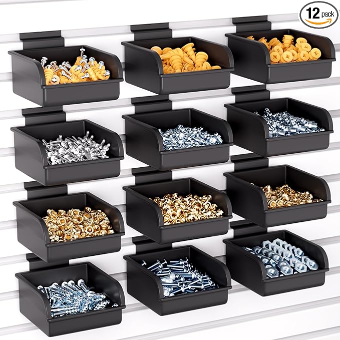 INCLY 12 Pack Slatwall Bins with Hooks, Plastic Slatwall Accessories Containers Bins for Slat Wall Panels Organizing Hardware, Garage, Craft Room, Kitchen, Tool Shed, Workbench