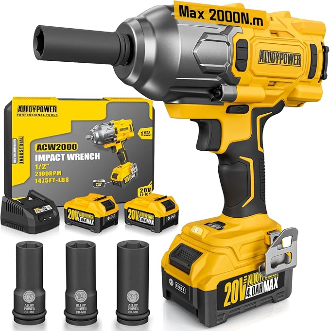 ALLOYPOWER Cordless Brushless Impact Wrench, 1475 ft-lbs (2000N.m), 1/2 High Torque power impact gun, 3-Mode Speed, 2*4000mAh Battery, 3 Sockets, Electric Impact Wrench Set for Car Tire Truck RV Mower