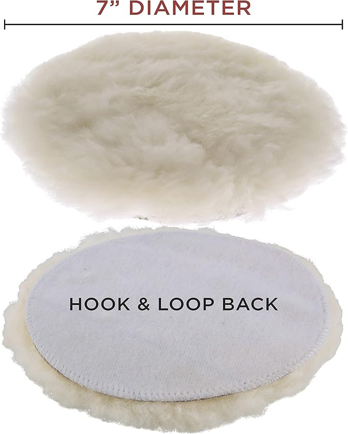TCP Global Premium 7 Inch Wool Buffing Pads (2 Pack) - 100% Natural Wool Buffer Pads, Polishing Pad for Car Detailing - 1 Inch Thick Pile, Hook and Loop Buffing Pad for Orbital Buffer