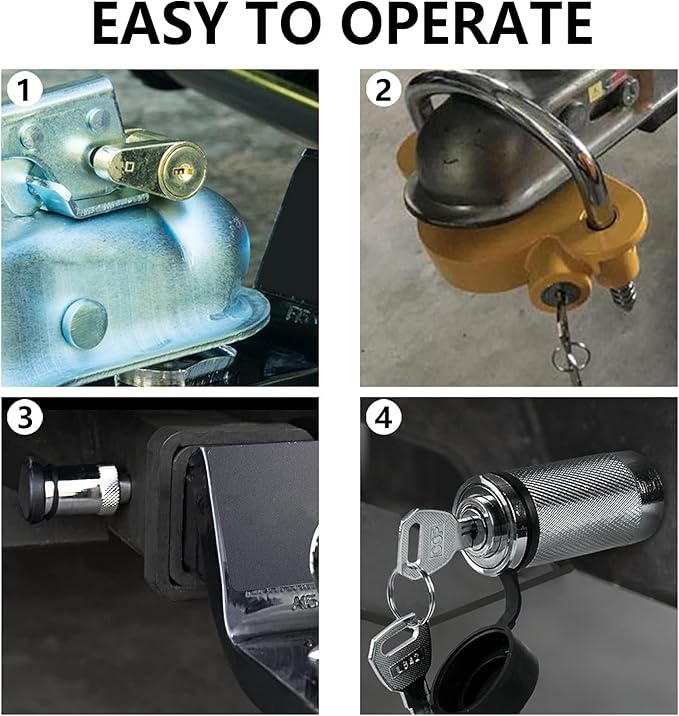 Funmit Trailer Hitch Security Lock Set Including Yellow U-Shaped Universal Ball Hitch Lock, 1/2" and 5/8" Receiver Hitch Pin Lock, Golden Trailer Hitch Lock Coupler Locking Pin, Share the Same 2 Keys