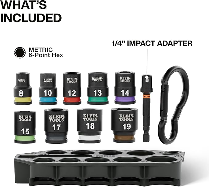 Klein Tools 33809M Grab-And-Go Impact Socket Set, Metric, 10-Piece Set with Sleeve, Carabiner, 3/8-Inch Drive, Color-Coded 8 mm, 10 mm, 12 mm, 13 mm, 14 mm, 15 mm, 17 mm, 18 mm, 19 mm Sockets