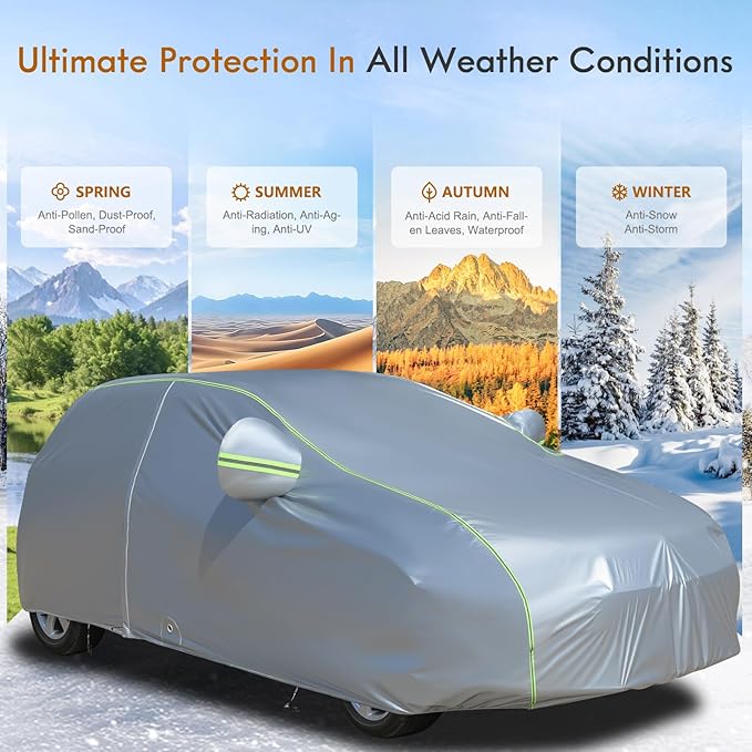 Tecoom Light Shell Car Cover Waterproof All Weather, Breathable Material with Door Zipper & Mirror Pockets, Rain Snow Sun Wind Protection Outdoor & Indoor Full Covers Fit for Hatchback (160-172")