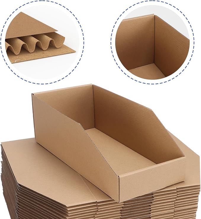 EXYGLO Cardboard Storage Bins 35 Pack, 12x6x4.5 Inch Cardboard Boxes, Corrugated Organizer Bins for Pantry, Shelves, Garage, Office, Shop, Brown