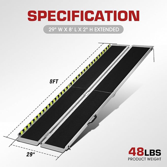 DNA MOTORING 8FT Portable Wheelchair Ramp, Non-Skid Aluminum Handicap Ramps with Handle, Hold Up to 800Lbs, Threshold Ramp for Home Steps, Scooter Ramp, Doorways, Black, ZTL-WCRAMP-8FT-B