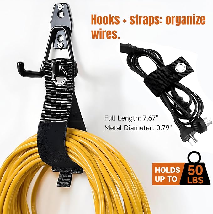 Garage Hooks & Extension Cord Storage Straps, Heavy Duty 2.8 inch Wall Mounted Storage Hangers for Ladders, Hose, Bike, Garden Tools Organization 6 Pack