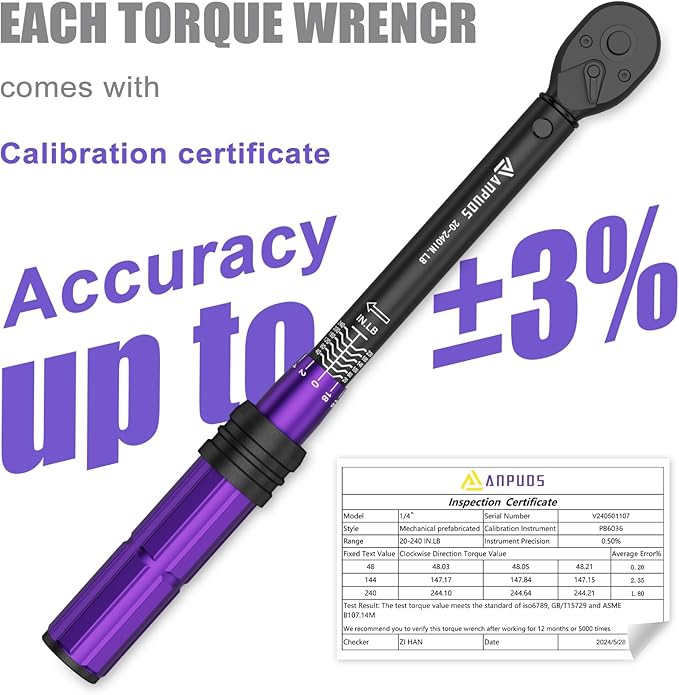 1/4 Inch Drive Click Torque Wrench, 20-240 in.lb/2.3-27.1 Nm, Aluminum Adjustable Inch Pound Tool with 72 Tooth, Dual Range Scales, Small Bike Torque Wrench for Bicycle Maintenance
