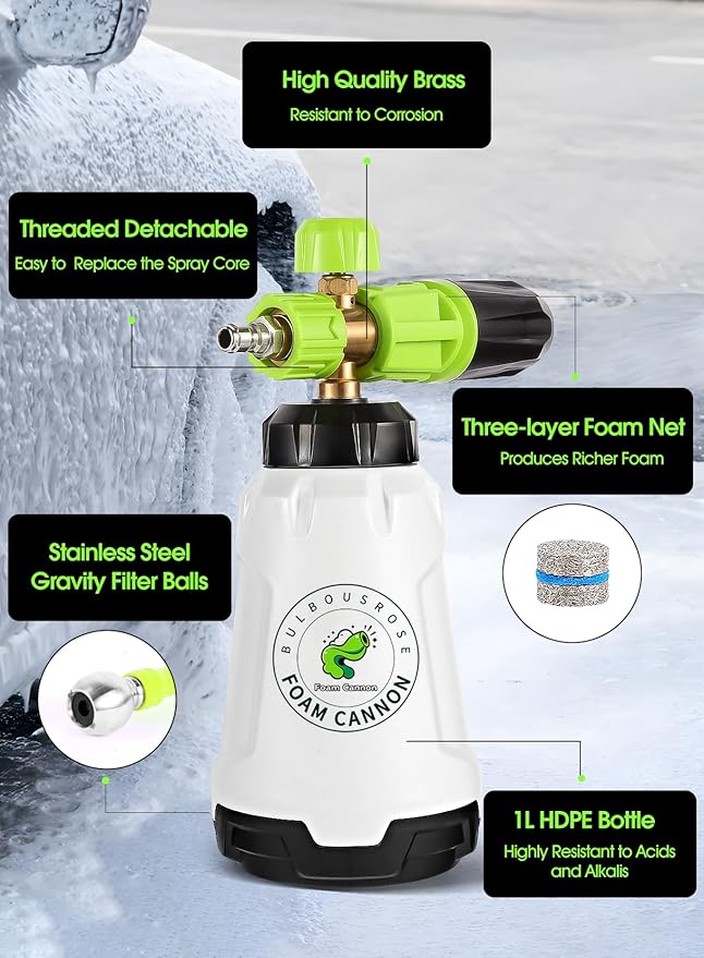 Foam Cannon for Pressure Washer (Wide Mouth), Stainless Steel Filter Thick Snow Car Wash Foam Gun, Adjustable Soap Cannon with 1/4“ Quick Connector, Additional 1.1mm Orifice Nozzle, 1L HDPE Bottle