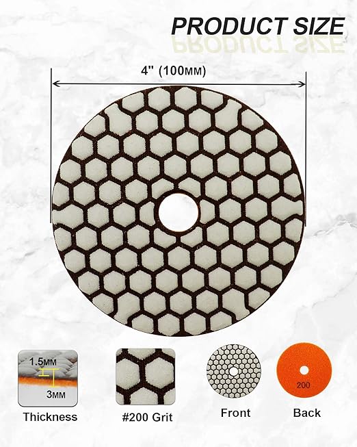 Dry Diamond Polishing Pads 4"/100mm - 8pcs Grit 200 Polish Pad Kit for Granite Marble Artificial Stone Quartz for Angle Grinder SANLEETEK