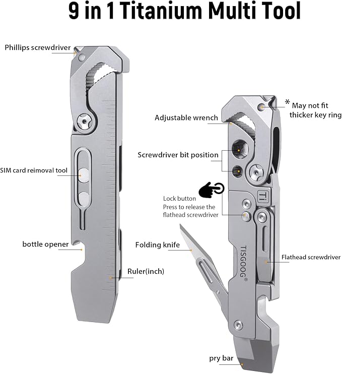 Titanium Pry Bar, EDC Multitool with Folding knife, Wrench, Screwdriver, Bottle Opene, Ruler, SIM Card Removal Tool, Ruler, EDC Pocket Multi Tool