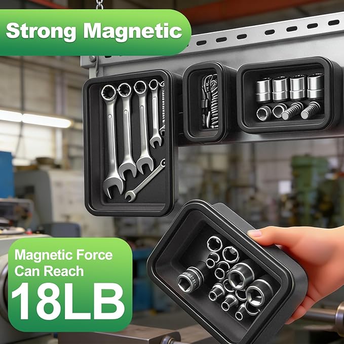 Collapsible Magnetic Parts Tray Set with Extra Strong Magnet Up to 18LB, 3 Different Size Silicone Foldable Tool for Organizing Screw Bolts Nuts Washers Pins and Other Small Metal Parts -Black