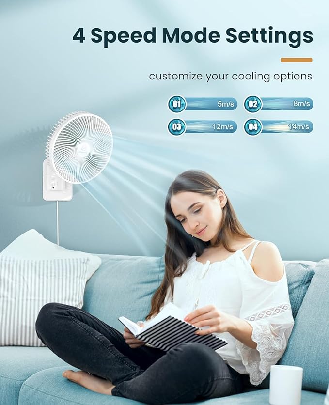 LEMOISTAR 8 Inch Small Wall Mounted Fan with Remote Control, 90° Oscillating, 4 Speeds High Velocity, Timer, Adjustable Tilt, 70 Inch Cord, Quiet, for RV Bedroom Home Office Garage-White