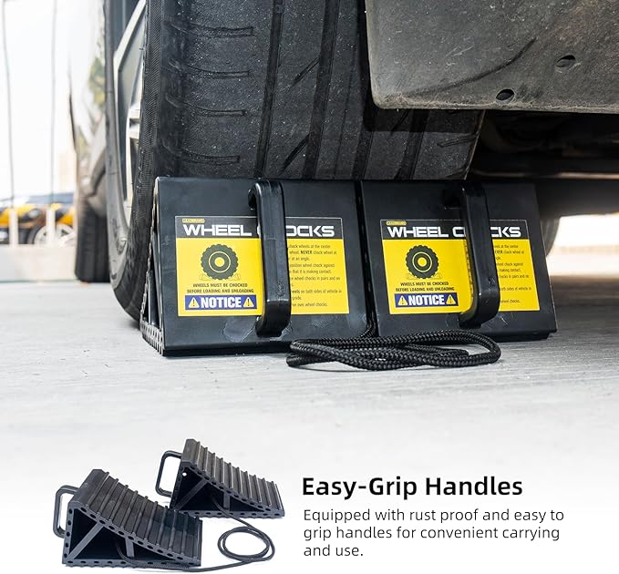Wheel Chocks for Cars, RVs, Trucks, Trailers, and Vehicles G.V.W. up to 8T, 2 Pack with Handle and Rope - Anti Slip Bottom Tire Chock for All Weather Use - Accessory Must (Black - 2 Pack)