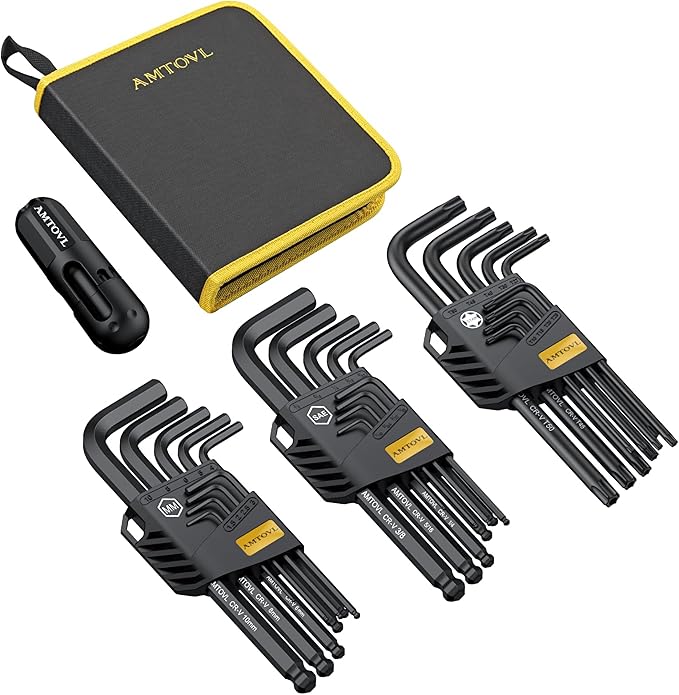 AMTOVL 27PCS Allen Key Set - Metric & SAE Wrench Set, Extra Long Ball & Star End Hex Keys with T-Handle & Color Coding for Bicycle, Household DIY - Black