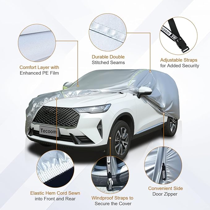 Tecoom SUV Car Cover Waterproof All Weather, Outdoor & Indoor Full Exterior Windproof UV Sun Rain Snow Hail Protection Covers with Zipper Door & Lock, Fit for SUV 206-215 Inches