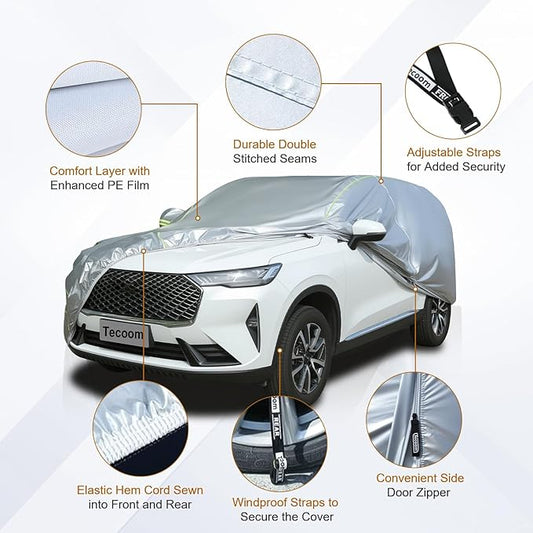 Tecoom SUV Car Cover Waterproof All Weather, Outdoor & Indoor Full Exterior Windproof UV Sun Rain Snow Hail Protection Covers with Zipper Door & Lock, Fit for SUV 206-215 Inches