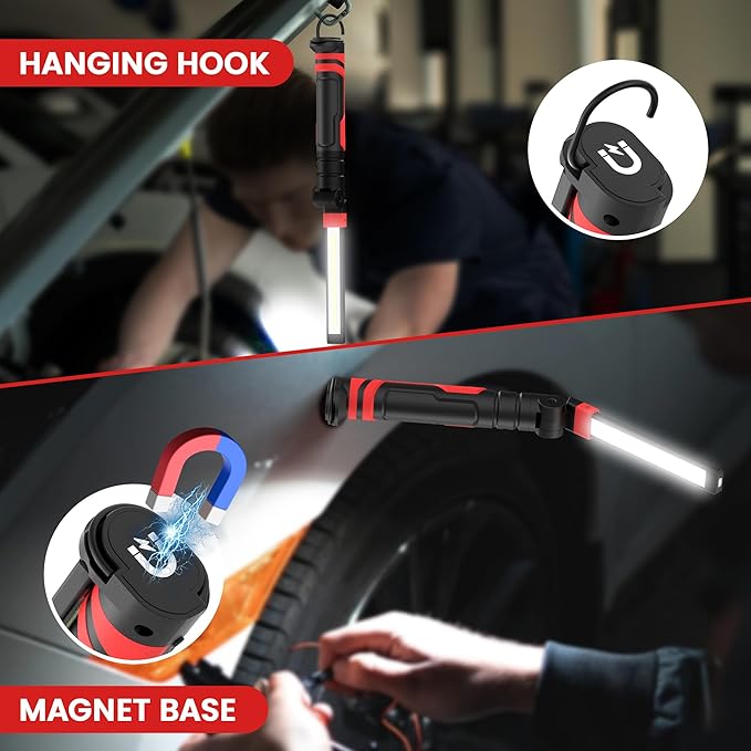 Rechargeable Work Light 2500mAh Magnetic LED Work Light Flashlight Mechanic Light Tool for Men Him, Foldable Lamp with Hook for Car Repair Emergency BBQ Grill (2 Pack)