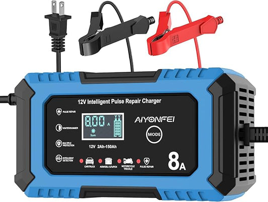 12V 8A Battery Charger, Smart Trickle Charger & Battery Maintainer, Desulfator, Temperature Compensation for LiFePO4, Lead Acid, AGM, Gel, EFB, VRLA, Car, Truck, Motorcycle, Boat (Blue)