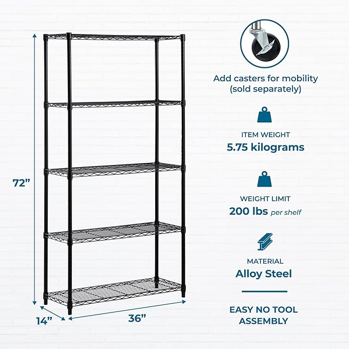 Honey-Can-Do 5-Tier Heavy-Duty Adjustable Shelves, Metal Storage Rack with 200-lb Shelf Capacity, Black, 14" W x 36" L x 72" H