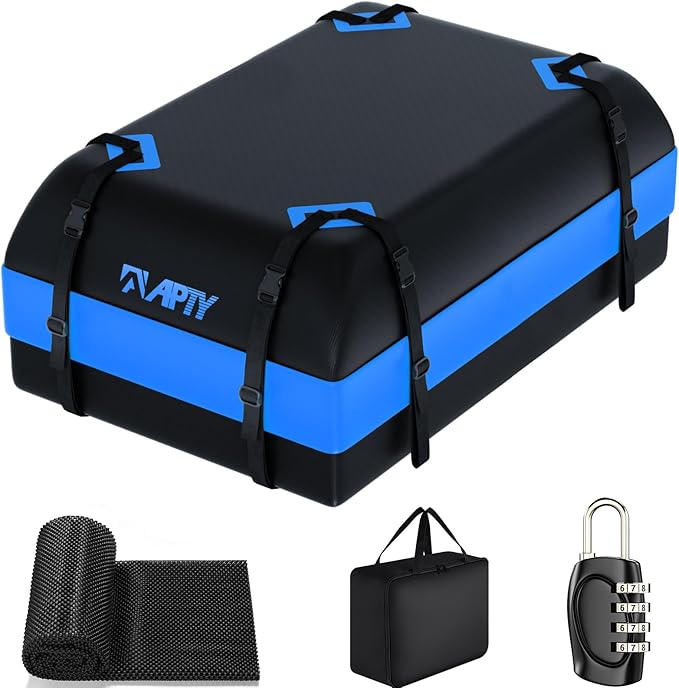 APTY Car Rooftop Cargo Carrier Bag, 16 Cubic Feet Soft Roof Top Luggage Bag for All Vechicles with/Without Racks - with Waterproof Zip, Anti-Slip Mat, Door Hooks, Luggage Lock, Storage Bag