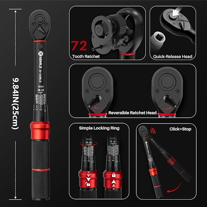 52Pcs Torque Wrench and Screwdriver Set-20-260In.Lb, 2.3-29.4N.m 1/4" Drive Small Torque Wrench,10-80 Inch Pound Torque Screwdriver,72T Dual Range, with Bits Sockets For DIY Bike Gunsmithing