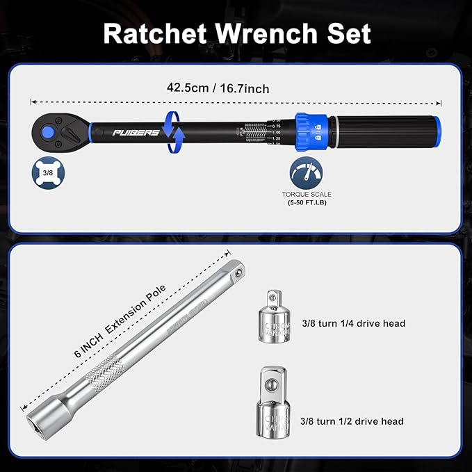 5PCS Torque Wrench Set 3/8" Drive 5-50 FT.LB, Dual-Direction 72-Tooth Adjustable Torque Wrenches with 6" Extension Bar, 3/8" to 1/2" & 1/4" Adapters for Car, Motorcycle,Bike Maintenance