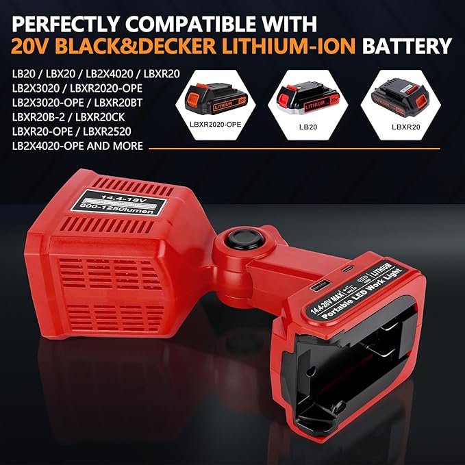 Taingwei LED Flashlight for Black and Decker 20v Battery, 18W LED Work Light,LED Battery Light, Flood Light for Camping, Car Repairing, Emergency and Job Site Lighting（Batteries Not Included）