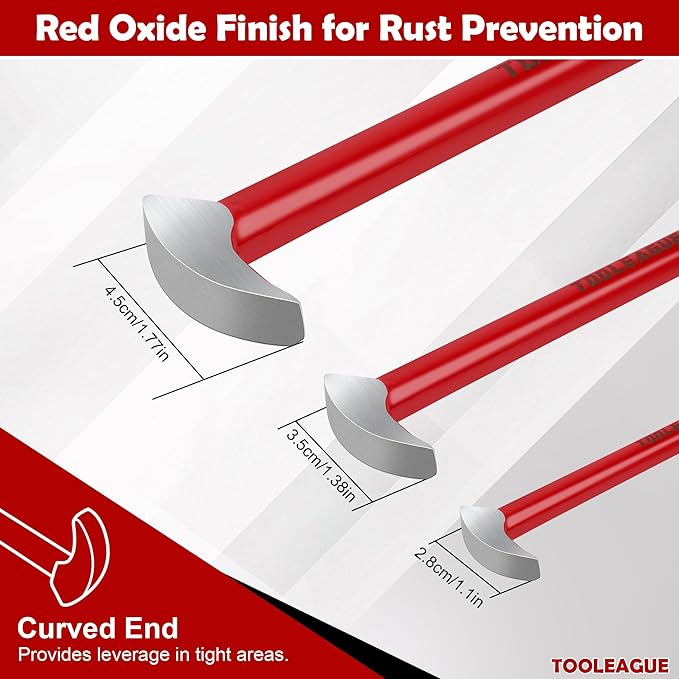 TOOLEAGUE 3Pcs Rolling Head Pry Bar Set,6",12",16" Heavy Duty Pry Bars Hand Tool for Garages,Machinery Aligning & Prying, Red