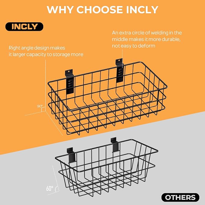 INCLY 27PCS Slatwall Accessories Kit, Includes 3 Pack Ventilated Metal Wire Slat Wall Baskets, Multisized Heavy Duty Slatwall Hooks and Storage Strap for Room Workshop Garage Organization