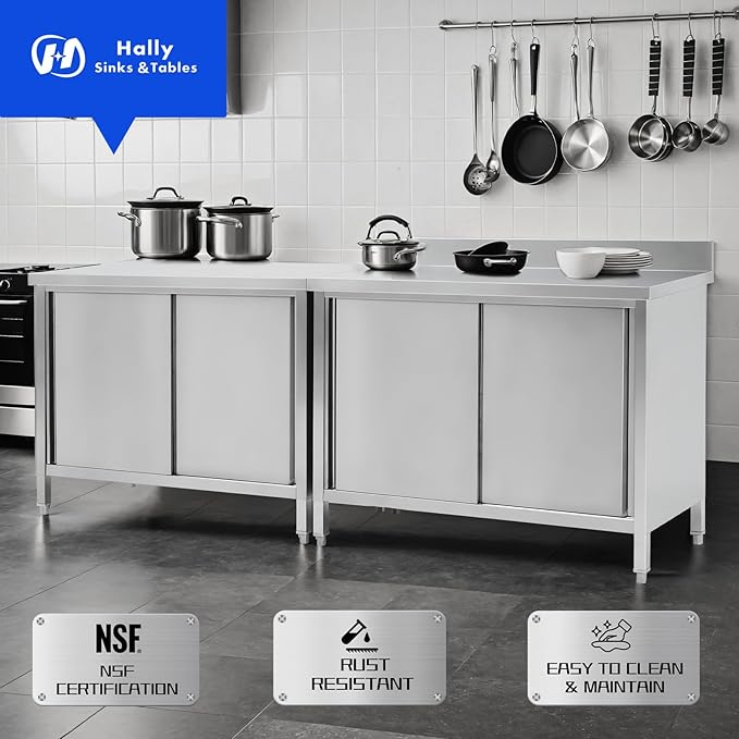 Hally Stainless Steel Cabinet, 30" x 60" NSF Commercial Heavy Duty Prep Workbench with Backsplash and Two Sliding Doors, Large Storage Cabinet, Metal Table for Kitchen, Restaurant, Garage