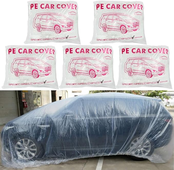 LuliKa 5 Packs Disposable Car Cover Clear Plastic Car Cover Universal Rain Dust Garage Cover with Elastic Band Large (15.7FT x 24.6FT)…