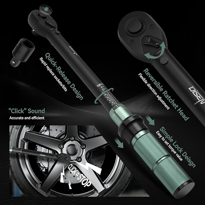 DISEN 9PCS Click Torque Wrench Set 1/4" 3/8" 1/2" Drive 20-220 In.lb, 5-45 Ft.lb, 10-170 Ft.lb with 6 Adapters, ±3% Accuracy, 72-Tooth, Dual Scale, Storage Case for Bike, Motorcycle, Car, Truck Repair