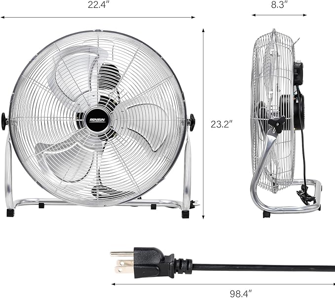 ROVSUN 20'' Floor Fans, High Velocity Heavy Duty Metal Industrial Floor Fan for Commercial & Residential, High Power Fan with Adjustable Tilt, Metal Box Fan for Garage, Gym, Bedroom, Shop, UL Listed