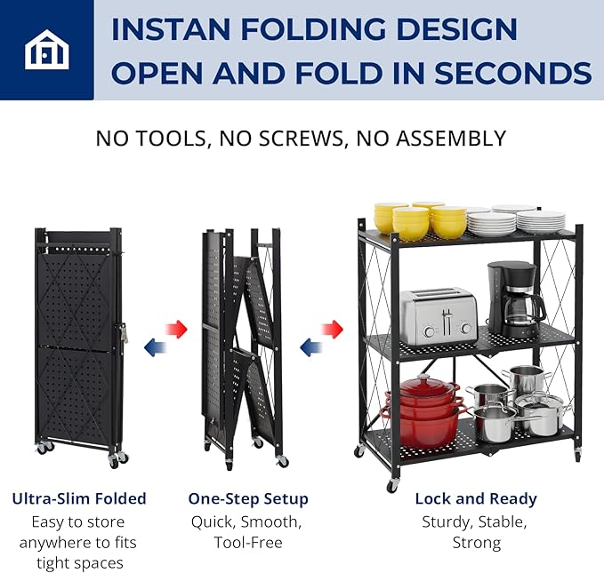 3 Tier Foldable Storage Shelves with Wheels, Metal Collapsible Organization Storage Rack, No Assembly Folding Bookshelf, Rolling Storage Rack for Kitchen, Bedroom, Pantry, Garage, Display, Black