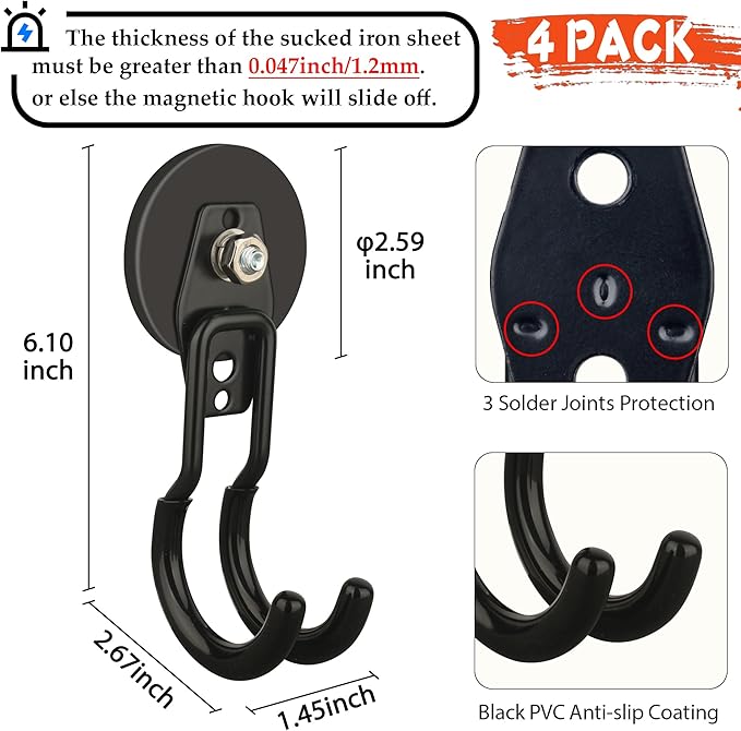 ULIBERMAGNET New Upgraded Garage Magnetic Hooks, 4 Pack Black Heavy Duty Large J Hooks with Magnet, Black Strong Anti-Slip Coating Magnet Hooks for Garden Tools, Ropes,Drill,Metal Cabinet,Pegboard