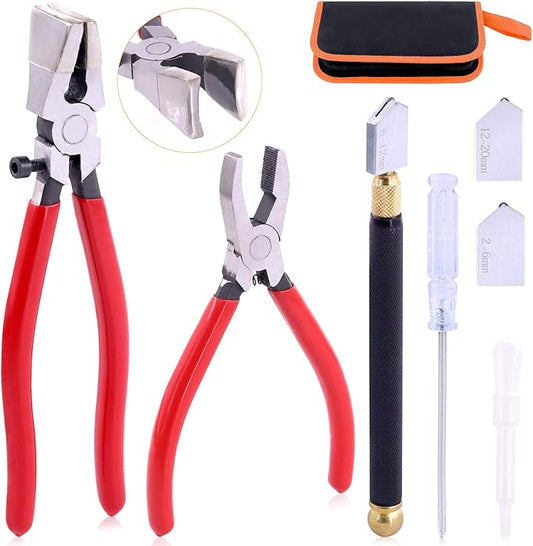 3Pcs Premium Glass Running Breaking Pliers and Class Cutter Kit, Heavy Duty Glass Cutting Tool with Rubber Tip, Work Great for Stained Glass, Mosaics, Fusing, Breaking