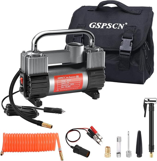 GSPSCN 6X Faster Inflation Tire Inflator Heavy Duty Double Cylinders with Portable Bag- Car Accessories，Metal 12V Air Compressor Pump 150PSI with Adapter for Car, Truck, SUV Tires, Dinghy, Air Bed