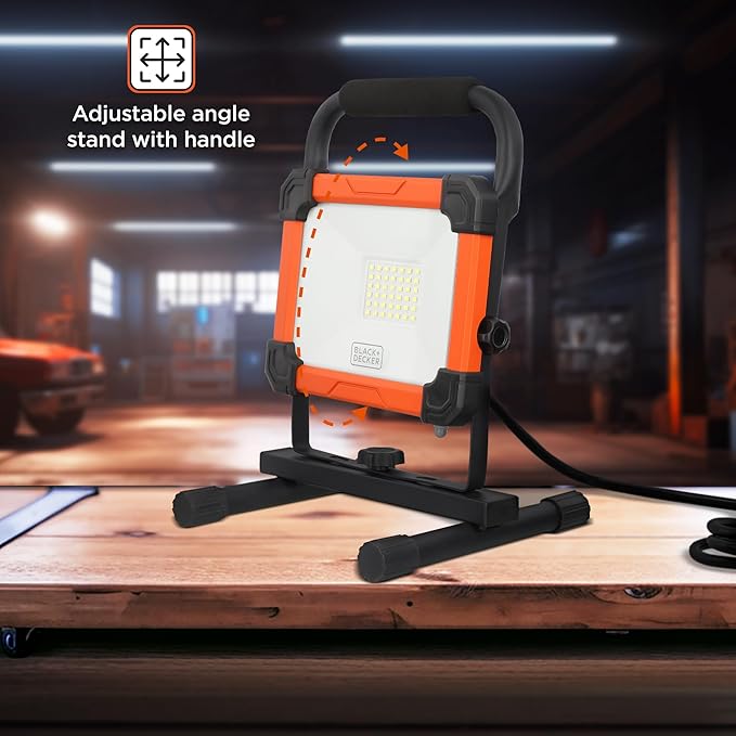 BLACK+DECKER LED Work Light, 3000 Lumens LED Panel Flood Light, IP65 Waterproof, Shock Resistant, 120° Beam Angle, ETL Certified, Pivoting H-Stand, Tripod Compatible, Compact & Portable, 120V Plug