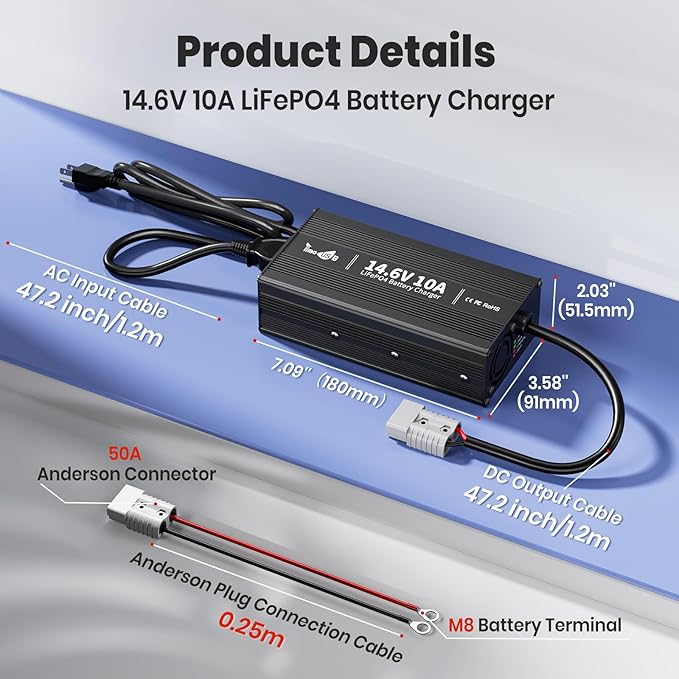 Timeusb 12V 10A LiFePO4 Battery Fast Charger, 14.6V Smart Lithium Battery Charger with Anderson Connector Indicator Special for Lithium LiFePO4 Deep Cycle Rechargeable Batteries of Boat, RV